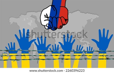 Help Ukrainian people. World map background, blue and yellow raised people hands and russian fist bump. raised arms behind barbed wire. Concept for supplying equipment, Military support. 