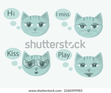 Several cats. Feline emotions. Cat stickers. Cat faces.
