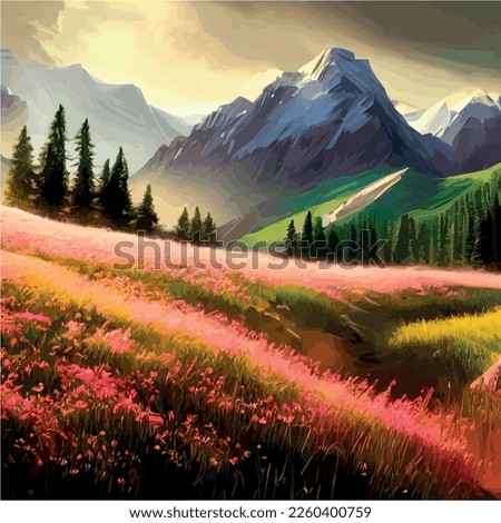 Beautiful field of tulips growing on the slope, mountains and sky illustration. Abstract field illustration. landscape spring vector background. Netherlands nature. Cover template. Poster