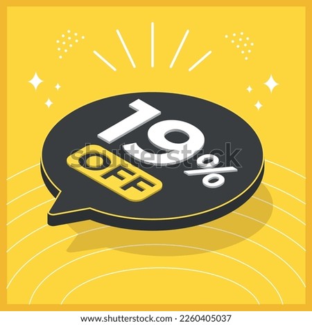 19 percent off. 3D floating balloon with promotion for sales on yellow background