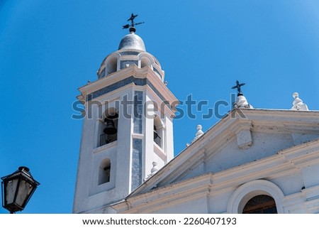 Beautiful church bell tower with blue background in the city of Buenos Aires, Argentina