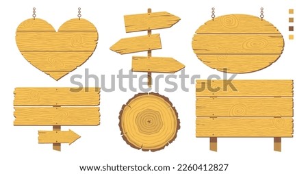Wooden singboards set. Wooden road signs of 4 colors are easy to repaint. Pointers with a wooden texture. Suitable for conversion to SVG format. Illustrated vector element.