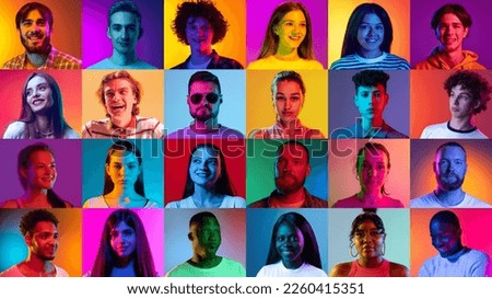 Human emotions. Collage of ethnically diverse people, men and women expressing different emotions over multicolored background. Concept of happiness, youth, success, motivation and team.