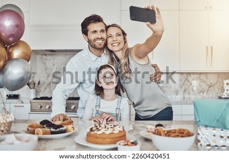 Selfie, parents or girl in celebration of a happy birthday in house party or kitchen with popcorn or cake. Mother, father or child bonding with love or care in family home take pictures to celebrate