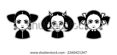 Vector set. Black and white little girl with pigtails and big eyes on an isolated background. Symmetrical stickers, logo or icons.