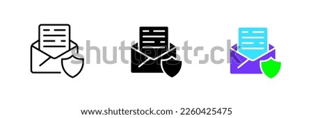 Letter with a shield. Secret correspondence, message, mail, personal data protection, personal information, privacy. Vector set icon in line, black and colorful styles isolated on white background Royalty-Free Stock Photo #2260425475