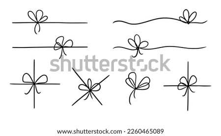 Bow gift ribbon line simple element set. Hand drawn doodle stroke ribbon bow. Elegant minimal line stroke style. Vector illustration