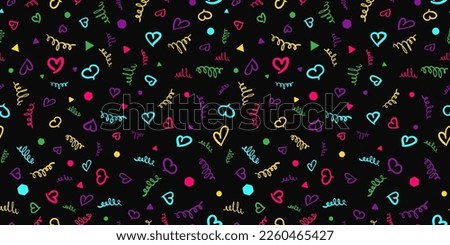 Vector abstract funky seamless pattern with bright colorful neon confetti, dots, small hand drawn hearts on black backdrop. Stylish sketch background. Childish funny texture. Repeat decorative design