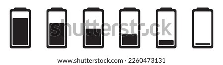Battery charge indicator icon collection. Level battery energy. Battery set of signs. Alkaline battery capacity elements. Stock vector.