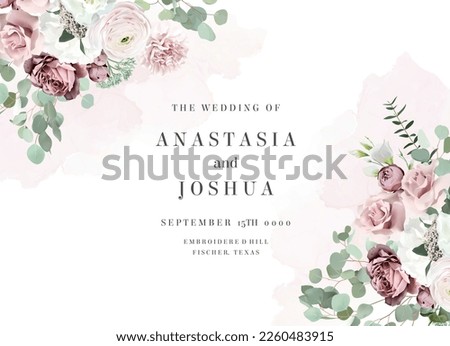 Silver sage green and blush pink flowers vector design frame. Dusty rose, white carnation, mauve rose, ranunculus, eucalyptus, greenery. Wedding floral garland. Watercolor. Isolated and editable Royalty-Free Stock Photo #2260483915