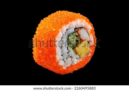 California maki sushi or California rolls or Masago maki sushi roll isolated on black background.
