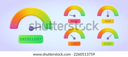 Credit rating icon collection. Poor, low, fair, normal, good, excellent credit score concept. 3d vector illustration set for web site, banner, landing page, print. Performance scale. Royalty-Free Stock Photo #2260513759
