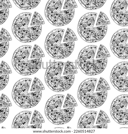 Seamless pizza pattern. Hand drawn pizza illustrations. Vector illustration.