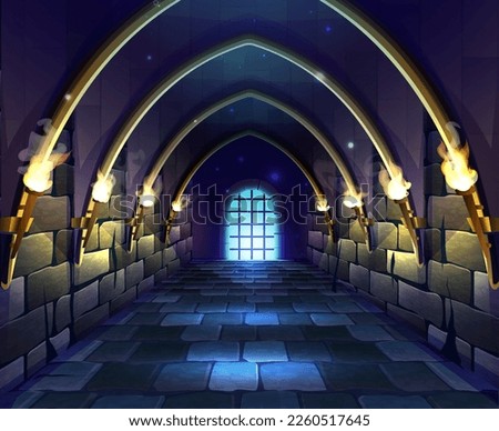 Vector cartoon style illustration. Old medieval castle dungeon hall with flame light torches and spooky caged door.