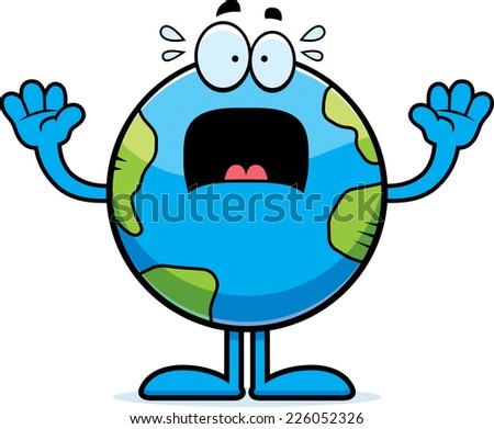 A cartoon illustration of the planet Earth looking scared.