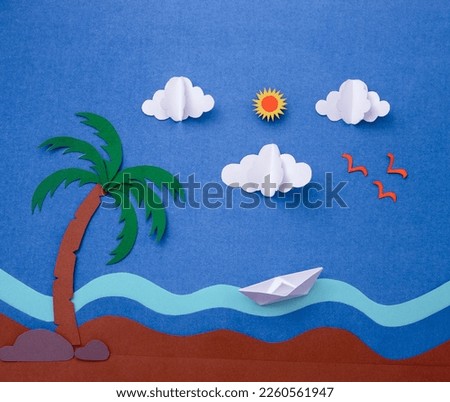 Sea with sky and cloud of paper cut. travel concept paper art background. Holiday summer.