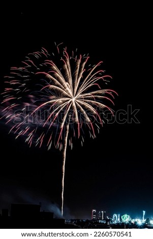 Vertical image of a fireworks show with pyrotechnics launched at different heights and many colors captured with long exposure.