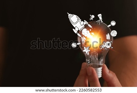 Man holding light bulb with soaring rocket illustration concept business goal setting together corporate group and challenge in business marketing teamwork and representation work inspiration, brains
