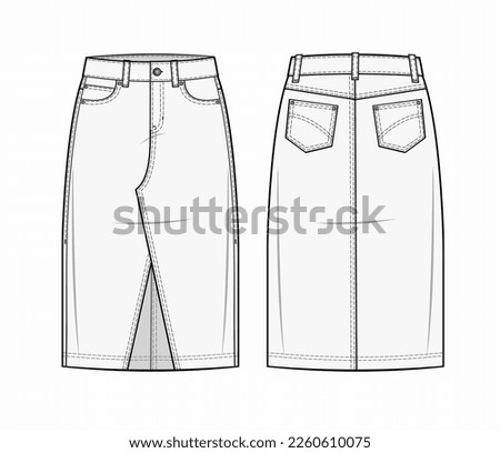Denim Midi Skirt with five pockets. Front zip fastening, Hem with a front slit and seamless finish. front and back design. fashion illustration. fashion flat. apparel template. skirt Cad mockup  Royalty-Free Stock Photo #2260610075