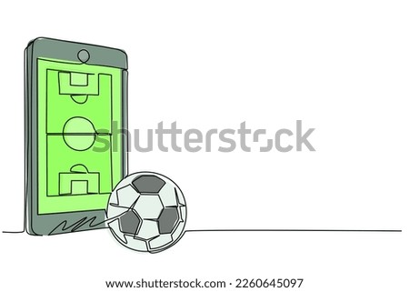 Single continuous line drawing smartphone with app soccer football field and ball. Mobile sport stream championship to play. Online football games. One line draw graphic design vector illustration