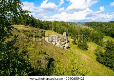 Landscape on the Steinberg in the landscape protection area in Herzberg am Harz, Lower Saxony. View from the mountain to the surrounding nature.	 Royalty-Free Stock Photo #2260655429