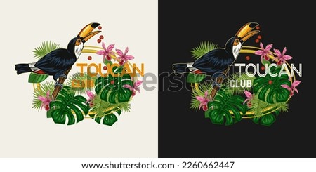Ellipse label with toucan, lush tropical foliage, leaves, flowers. Bird sitting on branch and eating seeds. Detailed illustration on white, dark background for prints, clothing, t shirt