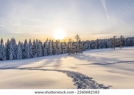 Traces from snow hikers in a beautiful winter landscape during sunset in Austria