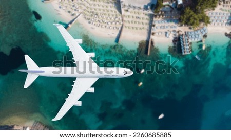 Airplane flying over beach with palm tree, white sand and turquoise ocean