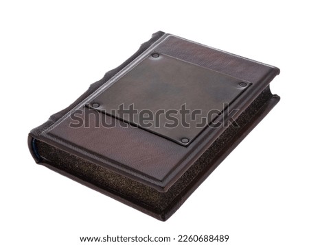 Dark Brown Leather mockup book with cover color isolated on white background. Diary for writing and printing With empty lable and metal fittings.