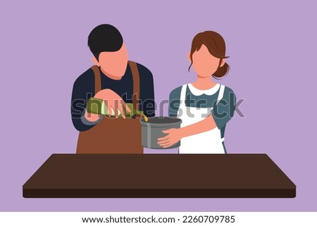 Graphic flat design drawing of happy romantic couple pour oil into pan which is being held by one of them. Man woman with cooking preparation in cozy kitchen at home. Cartoon style vector illustration