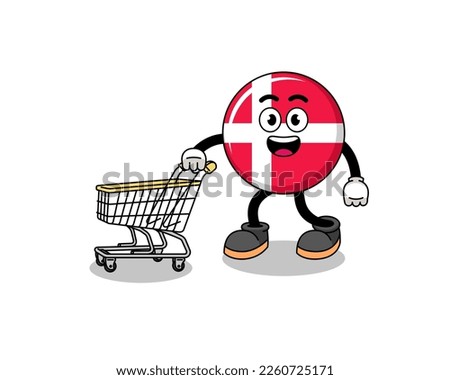 Cartoon of denmark flag holding a shopping trolley , character design