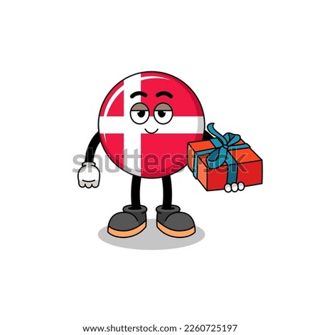 denmark flag mascot illustration giving a gift , character design