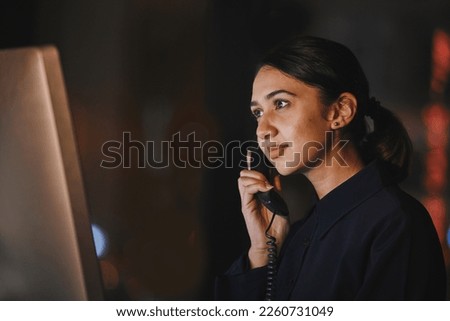 Office, night and business woman on a phone call for communication, networking and customer support. Receptionist, secretary and female on telephone for online feedback, telemarketing and connection Royalty-Free Stock Photo #2260731049