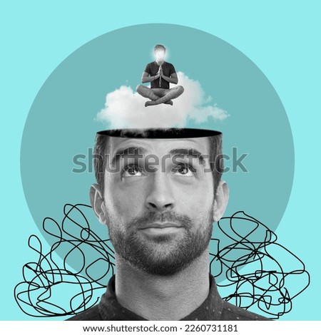 Thinking graphic, mind and man with psychology, mental health and balance of ideas, healing and meditation. Insight, art collage and creative person isolated on studio background of ideas or meditate