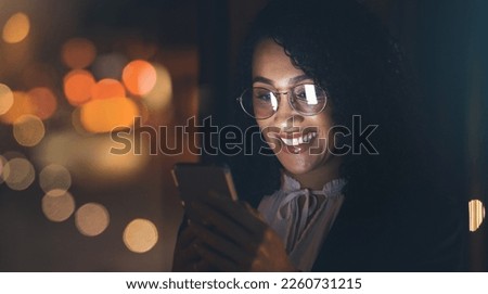 Night, black woman and business phone with bokeh lights for communication network connection. Happy entrepreneur person in dark for social media, networking or mobile app ux for investment mockup