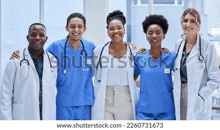 Team of doctors, diversity portrait and healthcare hospital services, mission and group values. Support, love and nurses or medical professional employees, black woman and face of USA clinic staff