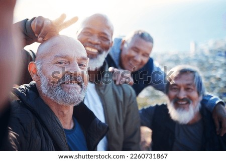 Senior hiking, selfie and nature exercise of elderly men together with peace sign. Friends, trekking adventure and happiness of old people outdoor for health, wellness and fitness on a journey