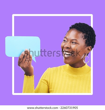 Social media, chat and black woman with a speech bubble for communication isolated on a background. Mockup, review and laughing African girl holding a board for news, a voice and announcement