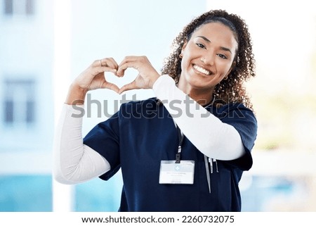 Doctor, portrait or heart hands in hospital wellness, medicine trust or medical support in life insurance, help or vote. Smile, happy or nurse with love gesture in healthcare, emoji or woman security