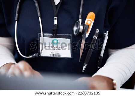 Doctor, stethoscope or ID card in hospital identification, name or icu pass for clinic learning or laptop education. Zoom, woman or healthcare nurse and medical thermometer or student internship tag