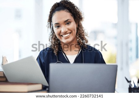 Nurse, laptop or medical student portrait with research books, education studying or learning in university hospital. Smile, happy or healthcare woman on technology in scholarship medicine internship
