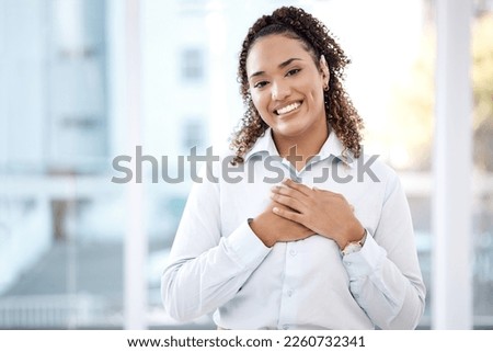 Black woman, business and happy portrait with hands on chest for care, kindness and love for charity. Face of person with smile and emoji for heart, thank you and gratitude or trust and hope mockup Royalty-Free Stock Photo #2260732341