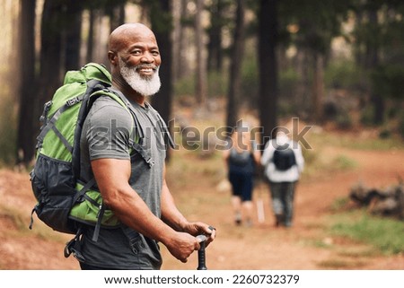 Portrait, black man and hiking in forest, exercise and fitness for wellness, healthy lifestyle and smile. Face, senior male and mature gentleman with backpack, smile and hiker in woods and fresh air Royalty-Free Stock Photo #2260732379