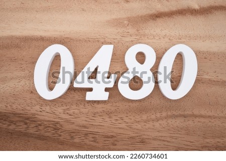 White number 0480 on a brown and light brown wooden background.