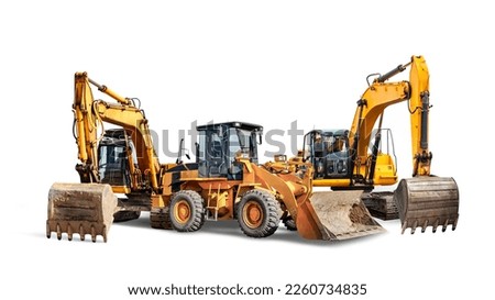 Two crawler excavators and bulldozer loader close-up on a white isolated background.Construction equipment for earthworks. element for design Royalty-Free Stock Photo #2260734835