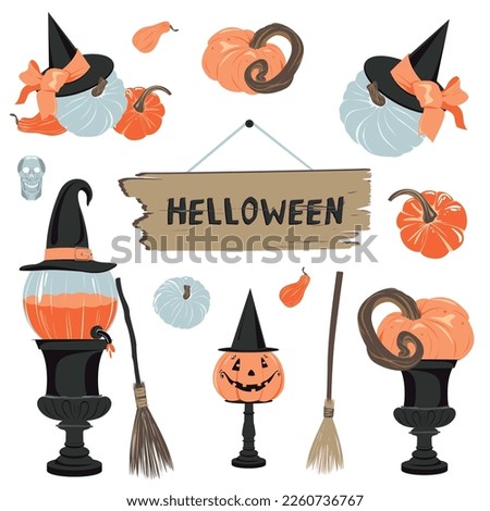 Clip art for Halloween. Pumpkins, vintage plates, urns, candlesticks, signboard, hat, broom. Autumn sticker set