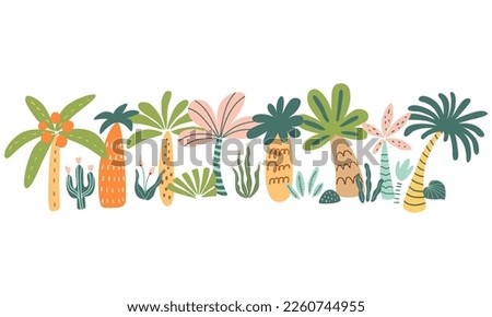 Cute palm tree set. Tropical palm tree hand drawn summer element. Hawaii style decorative border. Cartoon trees vector illustration. Exotic plants for holiday posters, cards, invitations jungle party.