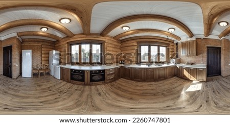 full seamless spherical hdri 360 panorama view in interior of kitchen in eco village vacation home with wooden rafter ceiling in equirectangular spherical  projection.  Royalty-Free Stock Photo #2260747801