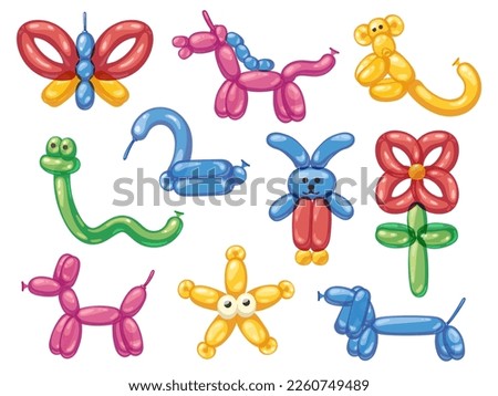 Balloon animals. Cartoon helium rubber dog butterfly horse monkey snake, cute bubble decoration for child birthday party celebration. Vector isolated set of rubber animal, dog toy balloon illustration