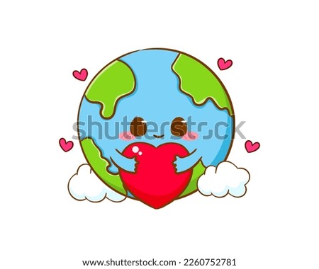 Cute adorable earth cartoon hugs love heart. World earth day concept design. Kawaii mascot character clip art. Vector art illustration.
